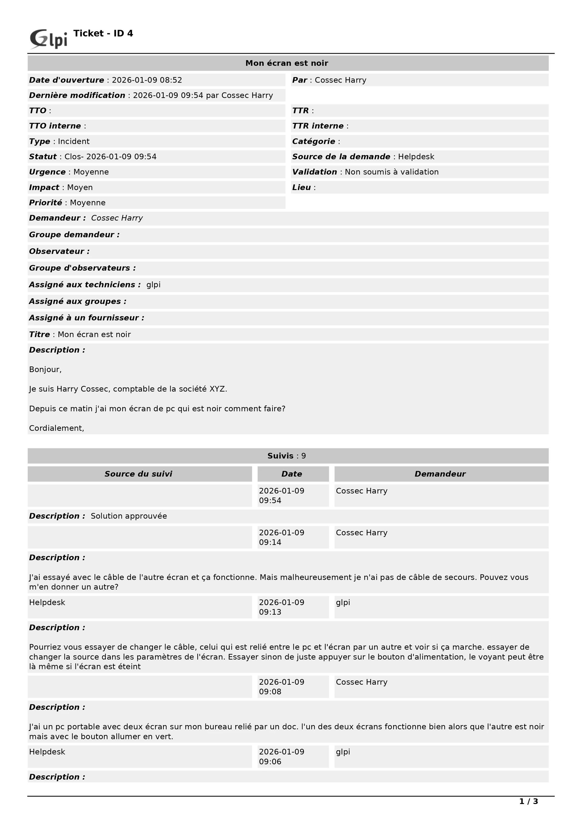 Création et qualification du ticket d'incident dans GLPI.